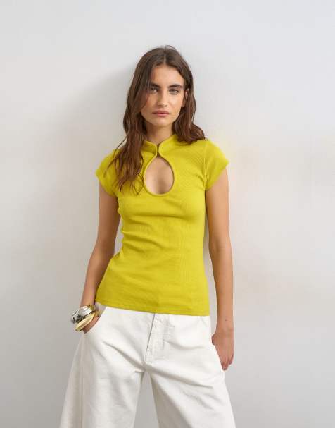 Topshop – Geripptes Oberteil in Chartreuse mit Schlüssellochausschnitt - view 1