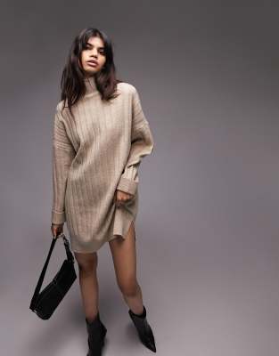 Thumbnail - Topshop - Geripptes Strickkleid in neutralem Farbton mit Stehkragen