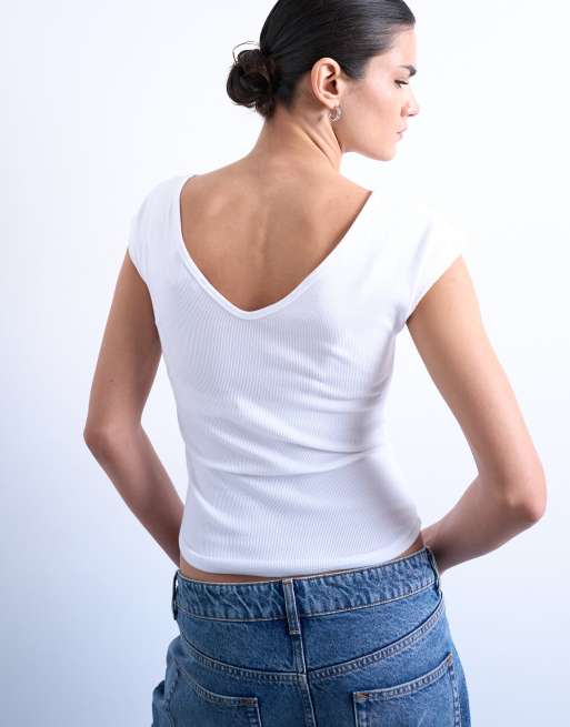 Topshop – Geripptes Tanktop in Weiß mit V-Ausschnitt und Flügelärmeln, 2 von 4