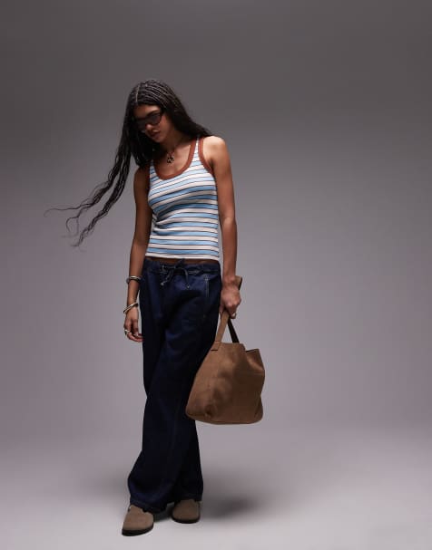 Topshop – Geripptes Trägertop in Blau mit U-Ausschnitt und Streifen - view 1