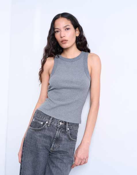 Topshop – Geripptes Trägertop in Grau meliert mit Ringerrücken - view 1