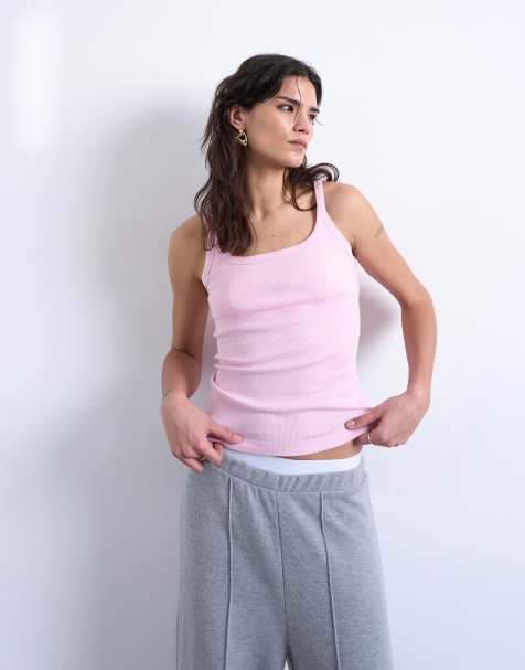 Topshop – Geripptes Trägertop in Rosa mit U-Ausschnitt und schmalen Trägern  - view 1