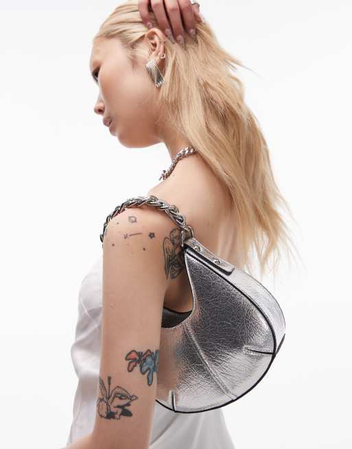 Topshop - Gerry - Borsa a mano strutturata argento con manico a catenina
