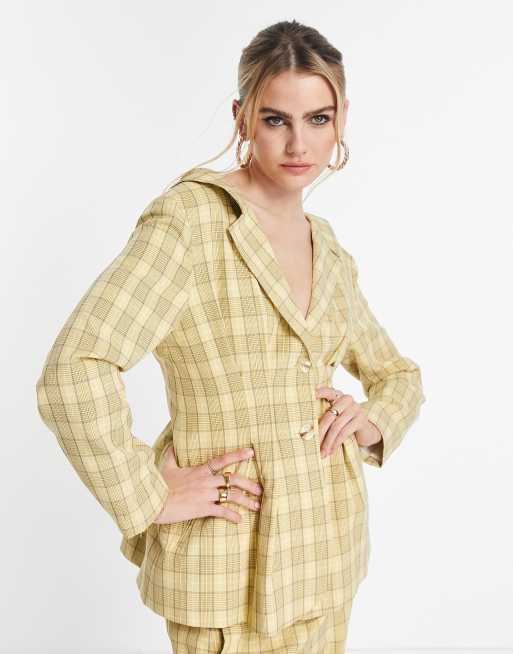 Topshop - Geruite blazer met blote schouders in geel
