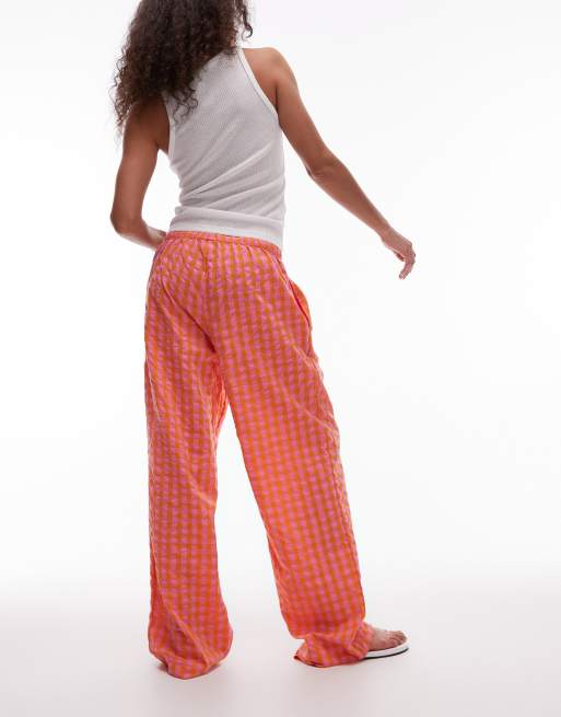 Topshop - Geruite broek met elastische taille in oranje, 4 van 5