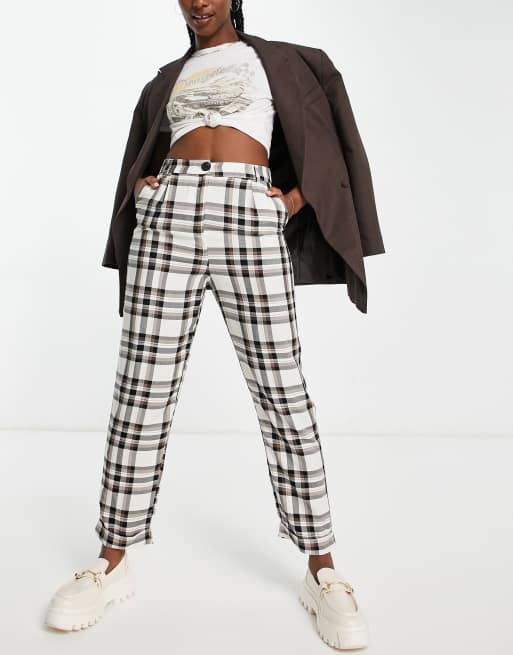 Topshop - Geruite broek met smaltoelopende pijpen in bruin