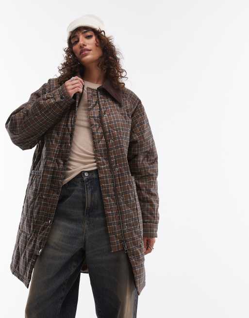 Topshop - Geruite lange jas van Nylon met corduroy kraag