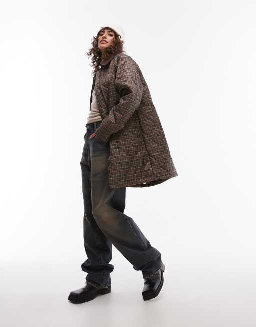 Topshop - Geruite lange jas van Nylon met corduroy kraag, 4 van 4