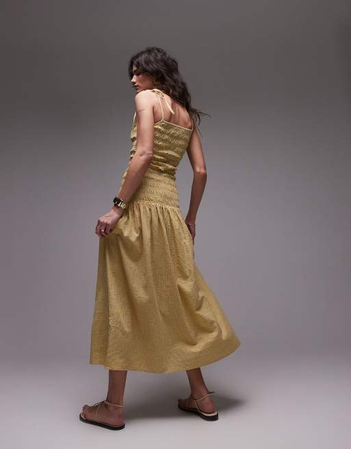 Topshop Geruite midi jurk met smokwerk in geel ASOS