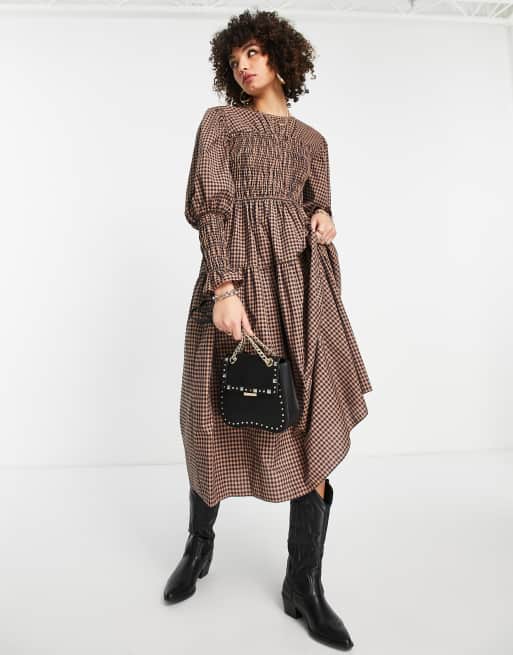 Topshop - Geruite midi-jurk met smokwerk in multi