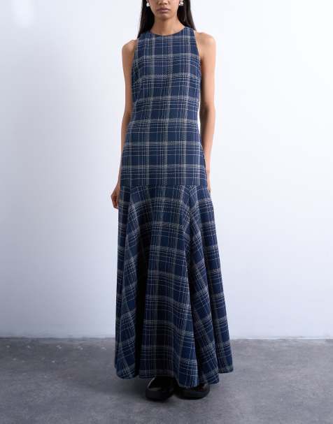 Topshop - Geruite midi-jurk met verlaagde taille en wijde rok in marineblauw - view 1