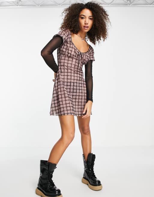 Topshop - Geruite nette jurk van jersey mesh met mesh mouwen in multi