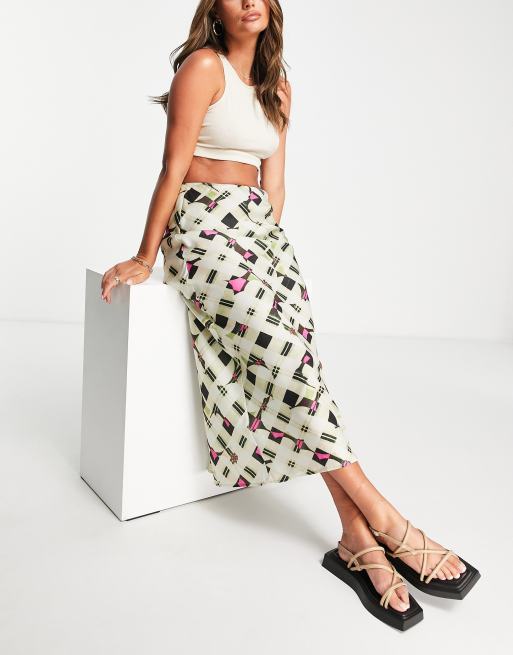 Topshop - Geruite satijnen midi rok met schuingesneden zoom in multi