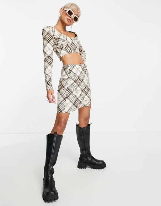 Topshop - Geruite top van bengaline met lange mouwen in camel, deel van co-ord set, 3 van 4