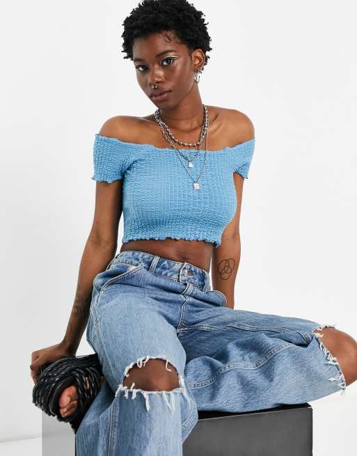 Topshop - Gesmokte bardot top in blauw
