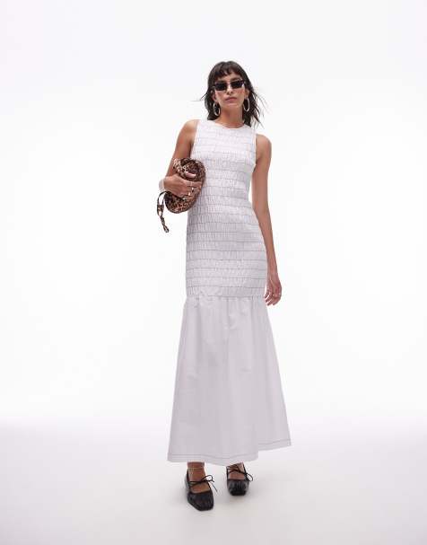Topshop - Gesmokte maxi jurk met contrasterende stiksels in wit - view 1