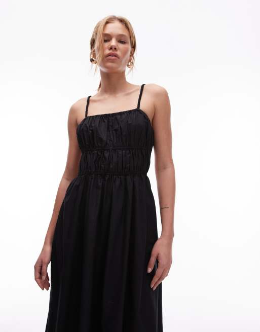Topshop - Gesmokte midi-jurk met popeline in zwart, 2 van 4