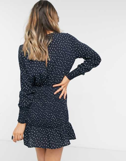 Topshop - Gesmokte mini jurk in marineblauw met stippen, 2 van 4