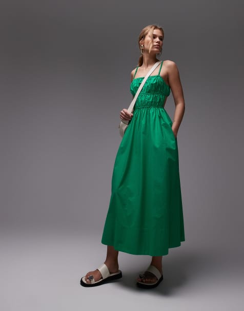 Topshop - Gesmokte poplin midi jurk in groen - view 1