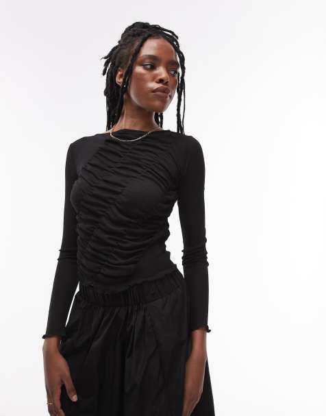 Topshop - Gesmokte top met lange mouwen in zwart - view 1