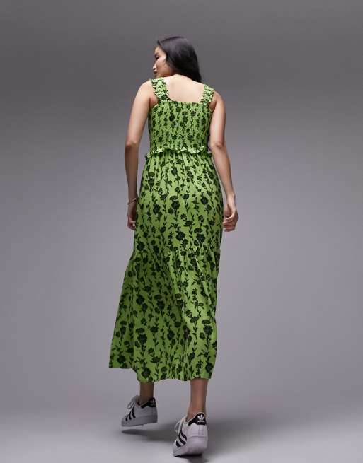Topshop – Gesmoktes Latz-Midikleid mit Blumenmuster in Grün und Schwarz, 2 von 4