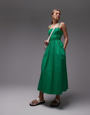 Topshop - Gesmoktes Midikleid aus Popeline in Grün