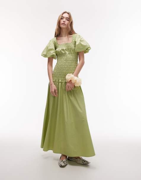 Topshop – Gesmoktes Midikleid in Grün mit Puffärmeln und eckigem Ausschnitt - view 1