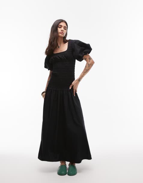 Topshop – Gesmoktes Midikleid in Schwarz mit Puffärmeln und eckigem Ausschnitt - view 1