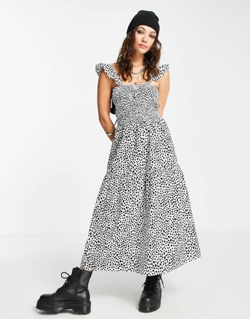 Topshop – Gesmoktes Schürzenkleid aus Baumwoll-Popeline mit Punktemuster in Schwarz-Weiß - MULTI, 3 von 4