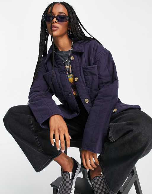 Topshop – Gesteppte Hemdjacke in marineblauer Waschung