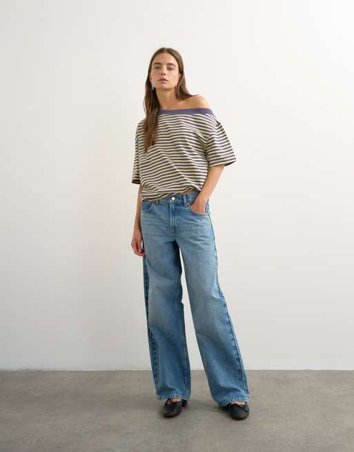 Topshop gestreept off-shoulder T-shirt in navy, 2 van 4