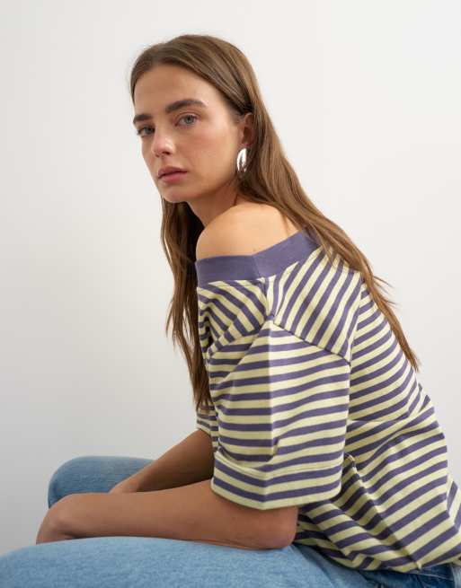 Topshop gestreept off-shoulder T-shirt in navy, 3 van 4