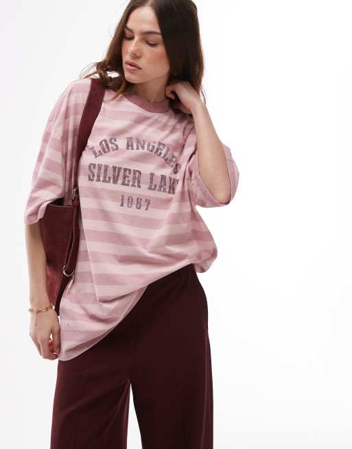 Topshop - Gestreept oversized T-shirt met print in oudroze