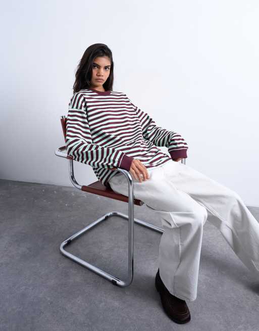 Topshop - Gestreept ruimvallend skater-T-shirt met lange mouwen in mintgroen en bordeauxrood