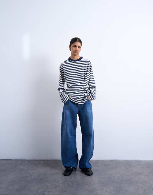 Topshop - Gestreept T-shirt met ingenomen taille in blauw en wit, 3 van 4