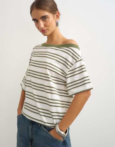 Topshop gestreept T-shirt met verlaagde schouders in wit en groen - view 1