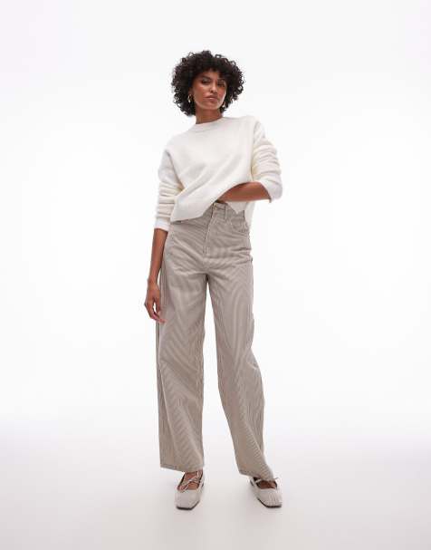 Topshop - Gestreepte baggy jeans met hoge taille in beige - view 1