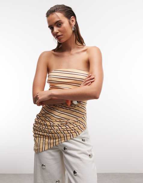 Topshop - Gestreepte bandeau-top met gerimpelde zijkant en asymmetrische zoom in geel - view 1