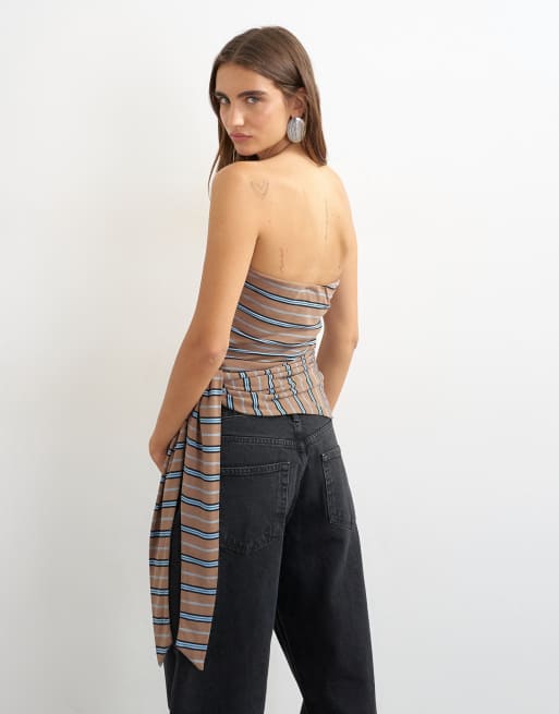 Topshop gestreepte bandeautop met strikdetail bruin, 4 van 4