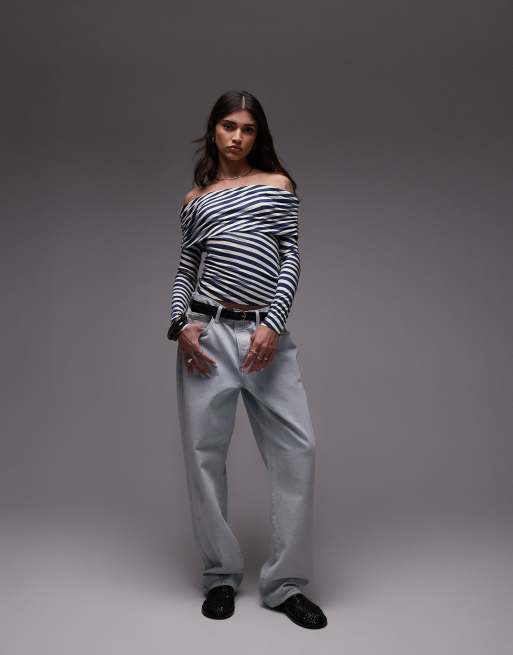 Topshop - Gestreepte bardottop met blote schouders in blauw, 4 van 4