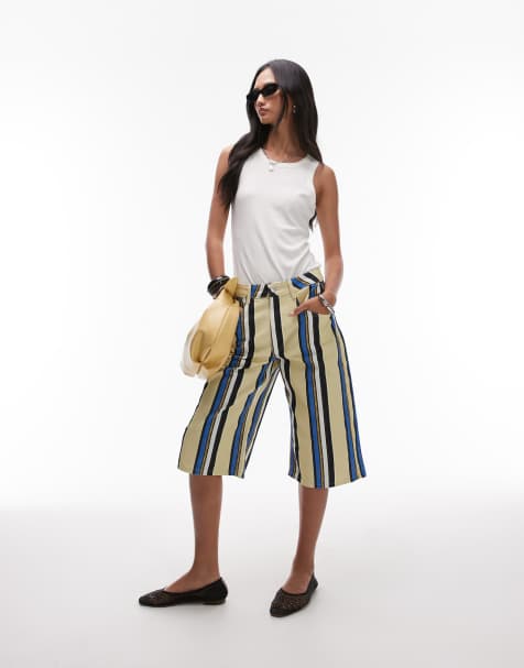 Topshop - Gestreepte bermudashort van keperstof met lange pasvorm in blauw en geel - view 1