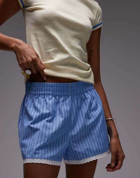 Topshop - Gestreepte boxershorts met hoge taille en kanten rand in blauw - view 1