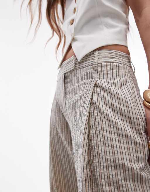 Topshop - Gestreepte broek met lage taille en textuur in stone, 3 van 5