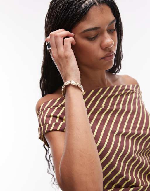 Topshop - Gestreepte gedrapeerde top met plooien in limoen en chocoladebruin, 3 van 4