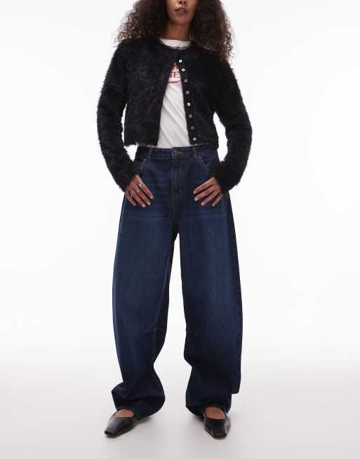 Topshop - Gestreepte jeans met halfhoge taille en wijde ronde pijpen in rijk indigo