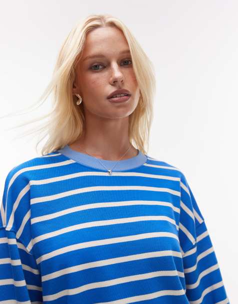 Topshop - Gestreepte jersey top met ronde hals en lange mouwen in blauw - view 1