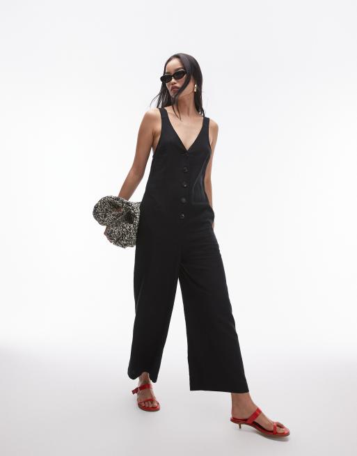 Topshop - Gestreepte jumpsuit met linnenlook en textuur en knoopsluiting in zwart