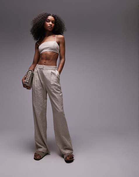 Topshop - Gestreepte linnen broek in ecru - view 1