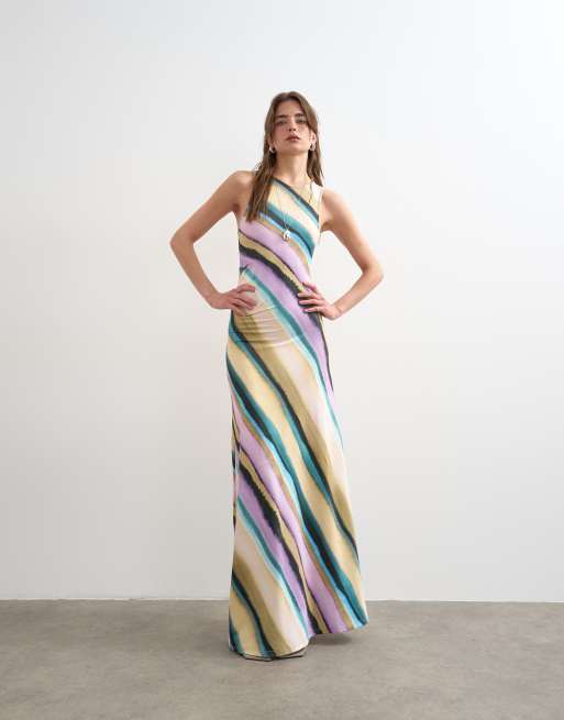 Topshop - Gestreepte maxi jurk met gerimpeld detail in lila, 2 van 4