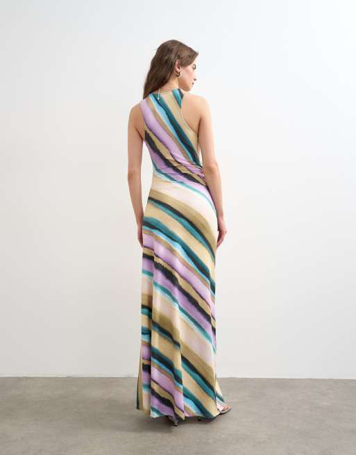 Topshop - Gestreepte maxi jurk met gerimpeld detail in lila, 4 van 4